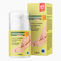 Thumbnail for Spenderflasche mit grün-gelbem Etikett Exodermin Premium, 50 ml, mit Abbildungen von Händen und Füßen vor Faltschachtel