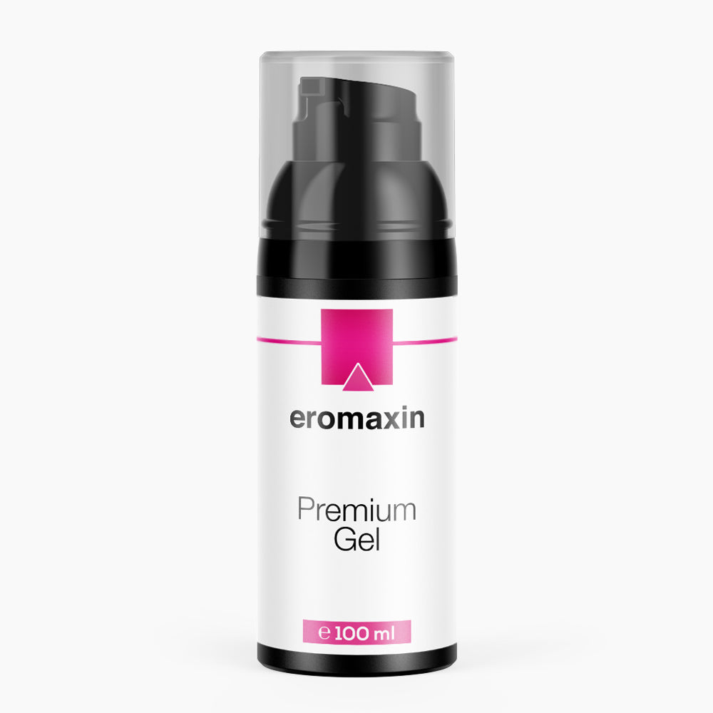 Weiße Spenderflasche mit schwarzem Kopf, pinkem Etikettbereich und Schrift Eromaxin Premium Gel