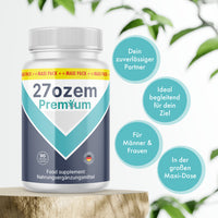 Thumbnail for 27ozem-Premium-Dose mit 90 Kapseln auf Holzsockel, daneben vier türkise Infokreise mit Text