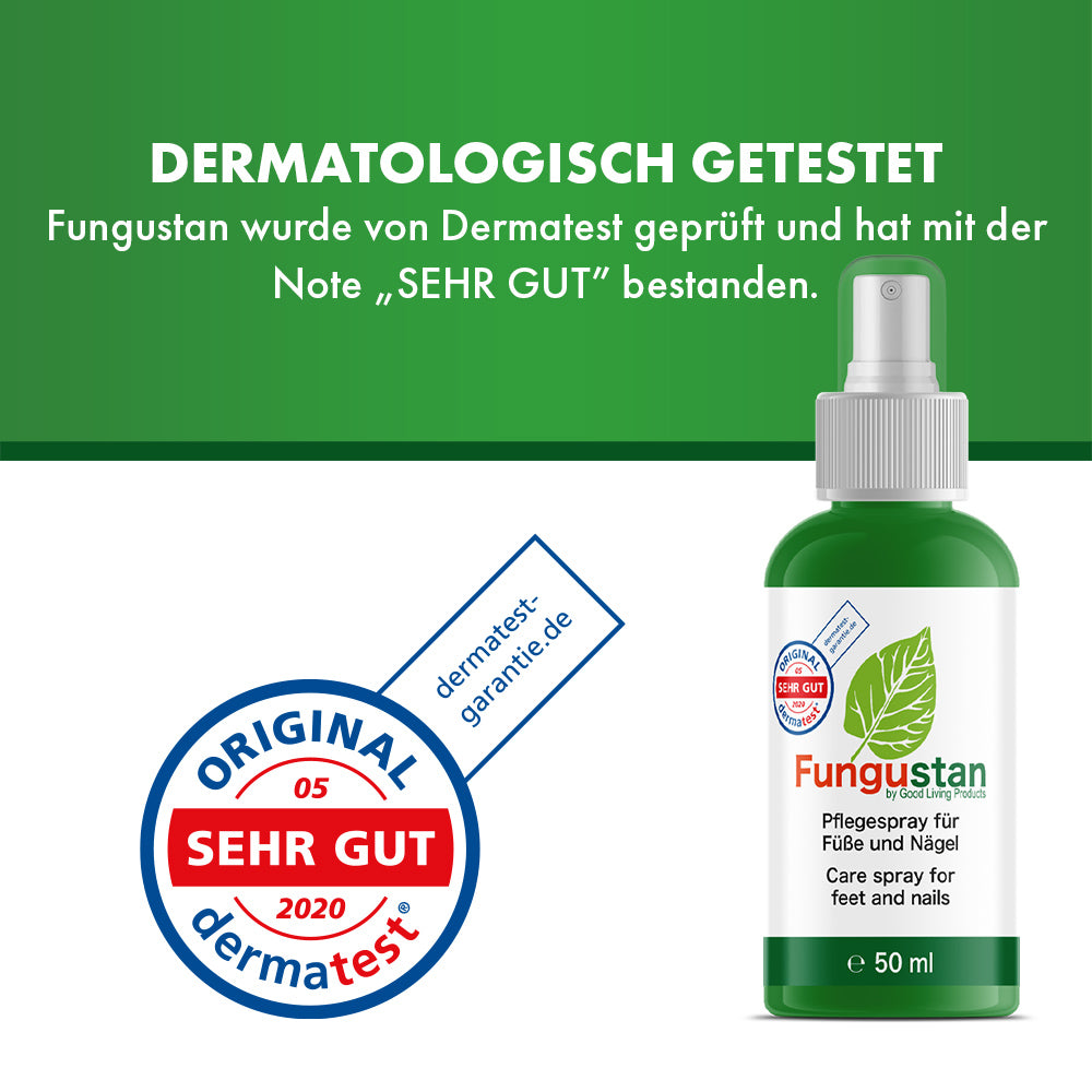 Grüne 50 ml Fungustan-Flasche neben dermatest-geprüftem Siegel mit Note SEHR GUT von 2020
