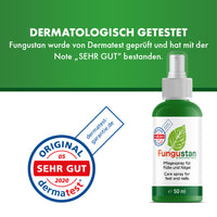 Thumbnail for Grüne 50 ml Fungustan-Flasche neben dermatest-geprüftem Siegel mit Note SEHR GUT von 2020