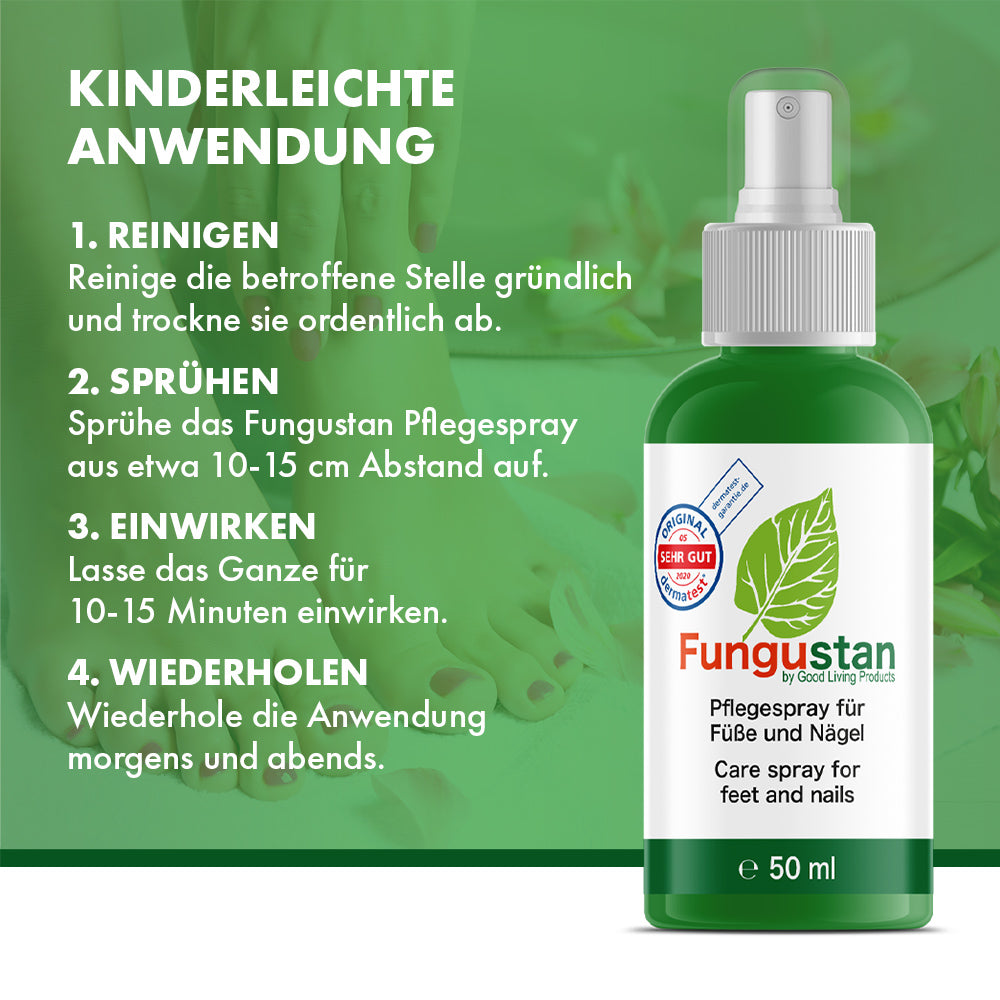 Grüne 50 ml Fungustan-Flasche rechts neben vierstufiger Anleitung zur Anwendung auf grünem Hintergrund