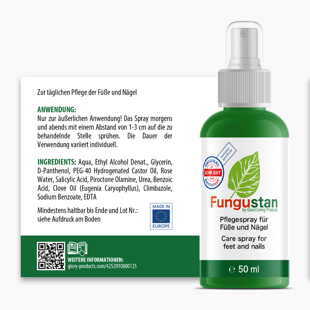 Grüne 50 ml Fungustan-Flasche mit deutsch-englischer Anleitung und Zutatenliste auf weißem Etikett