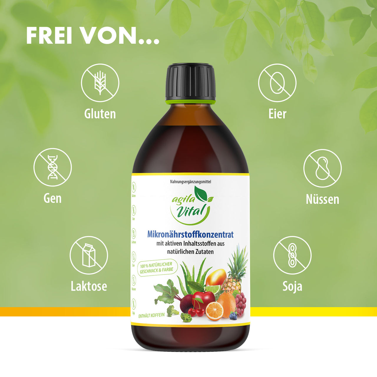 Agila Vital Mikronährstoffkonzentrat – frei von Gluten, Laktose, Gen, Ei, Nüssen und Soja.