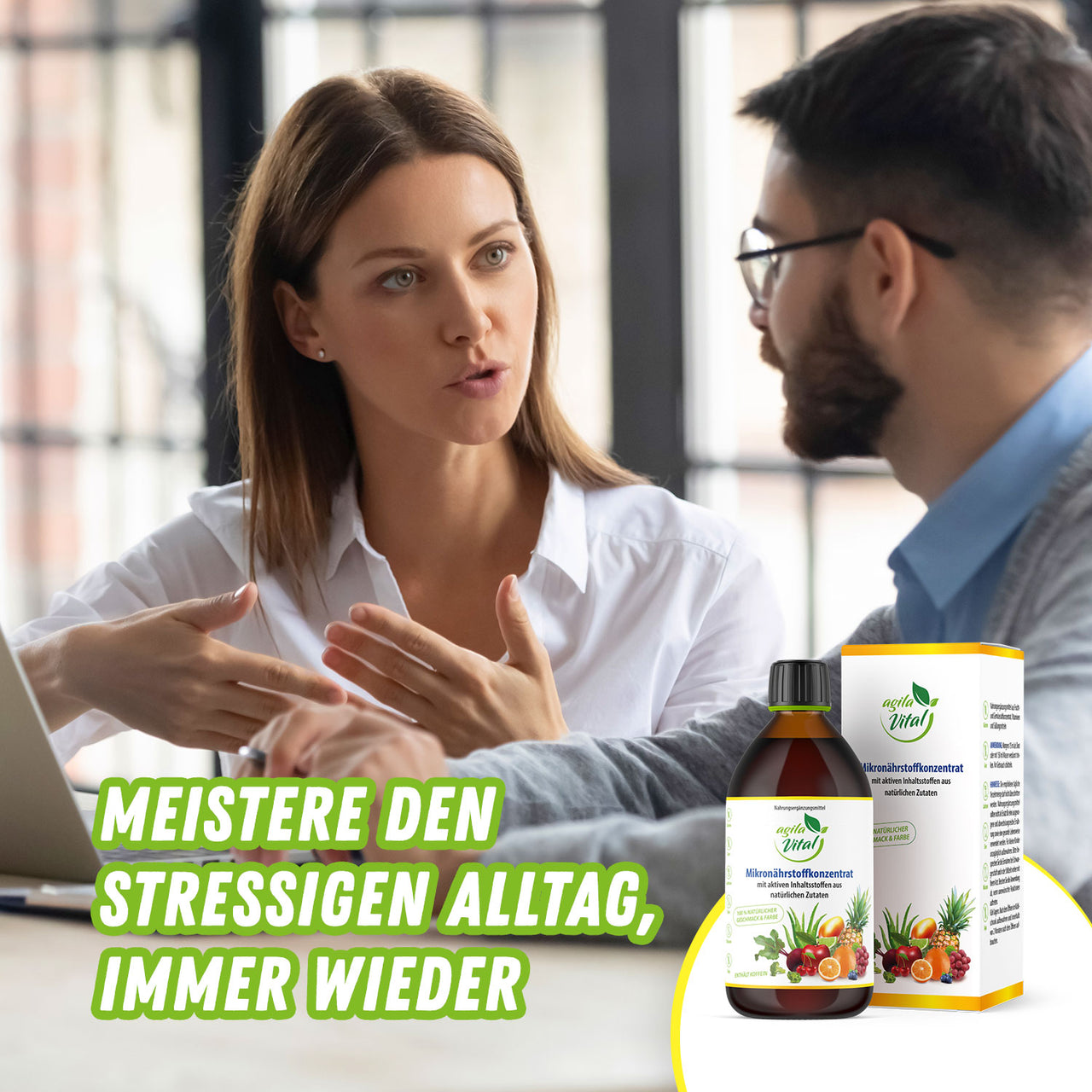 Frau spricht ernst mit Mann im Büro, Agila Vital Mikronährstoffkonzentrat, Text: „Meistere den stressigen Alltag, immer wieder“