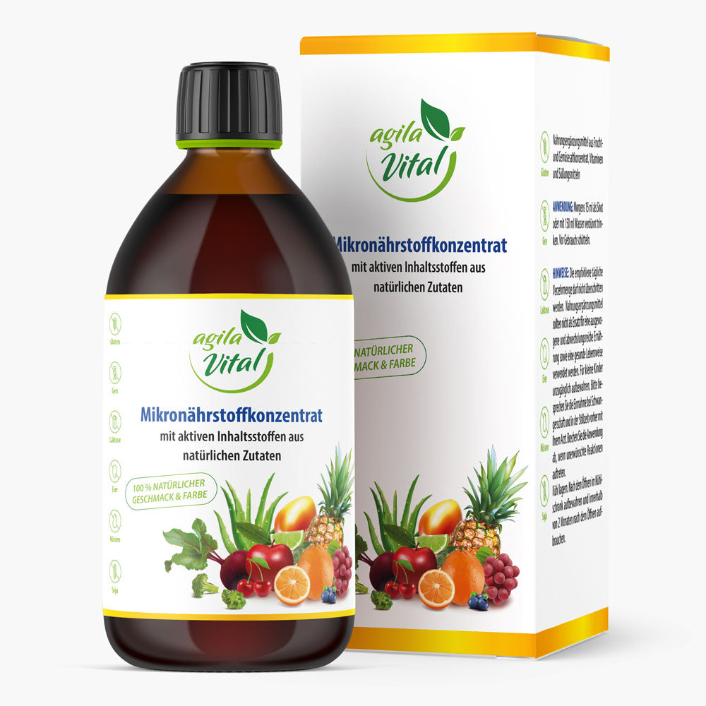 Agila Vital Mikronährstoffkonzentrat mit natürlichen Zutaten, Flasche und Verpackung, 500 ml