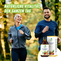 Thumbnail for Zwei Menschen joggen im Wald, Agila Vital Mikronährstoffkonzentrat, Text: „Natürliche Vitalität, den ganzen Tag“