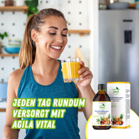 Thumbnail for Frau trinkt Saft mit Agila Vital Mikronährstoffkonzentrat, Text: 