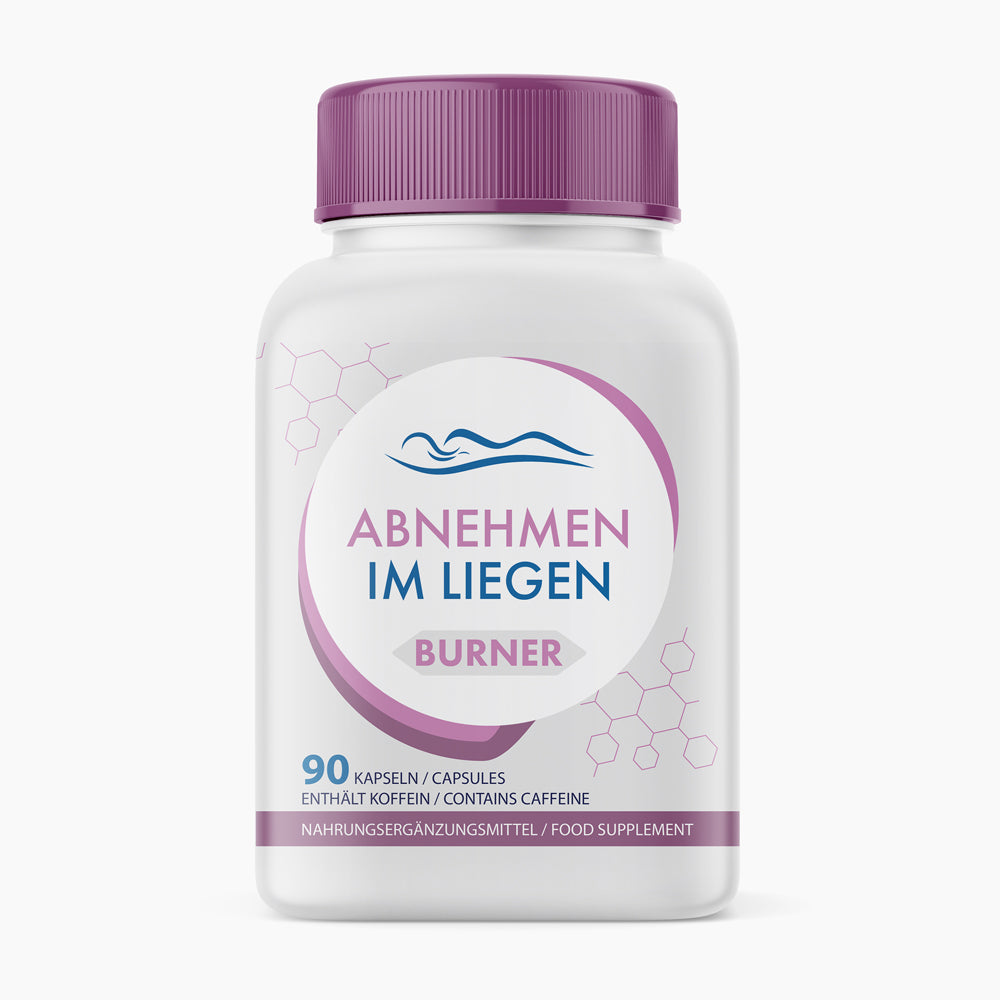 Weiße Kunststoffdose mit violettem Deckel und Schrift ABNEHMEN IM LIEGEN BURNER mit 90 Kapseln