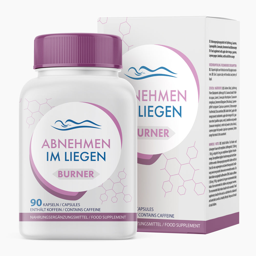 Weiße Kunststoffdose mit violettem Deckel und Schrift ABNEHMEN IM LIEGEN BURNER mit 90 Kapseln