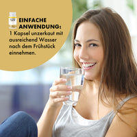 Thumbnail for Frau hält Glas Wasser neben Active Move Premium Dose und Anwendungstext zu 1 Kapsel