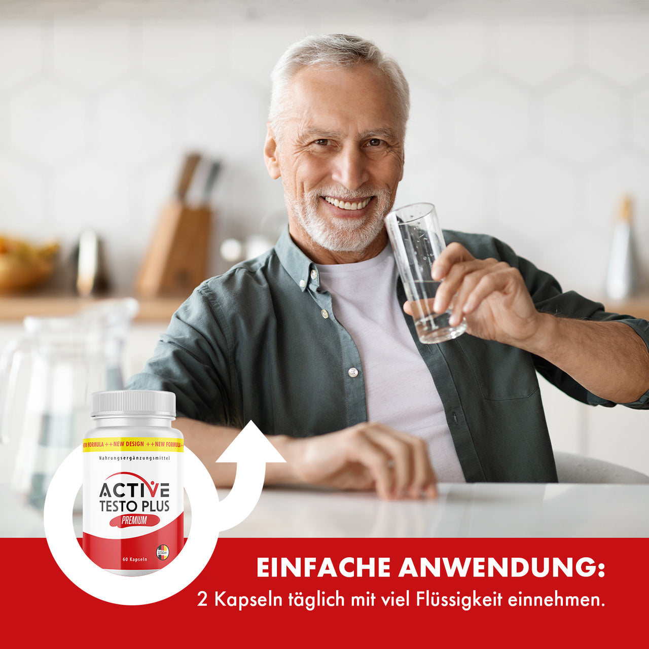Active Testo Plus Dose neben älterem Mann, der ein Glas Wasser hält, mit Einnahmehinweis unten