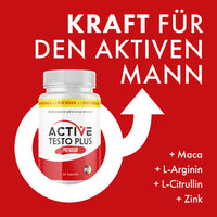 Thumbnail for Active Testo Plus Dose auf rotem Hintergrund mit Männersymbol und Zutatenliste rechts im Bild