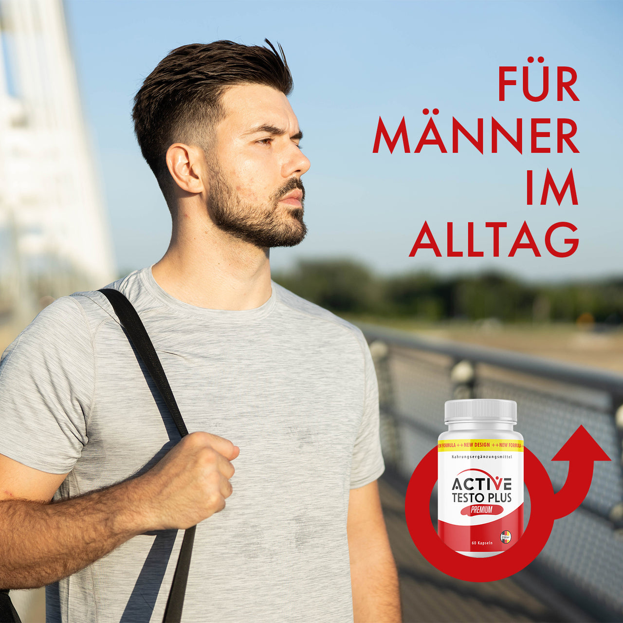 Active Testo Plus Dose neben Mann mit Schultergurt, rotem Pfeilsymbol und Schriftzug rechts
