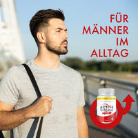 Thumbnail for Active Testo Plus Dose neben Mann mit Schultergurt, rotem Pfeilsymbol und Schriftzug rechts