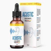 Thumbnail for Braune Flasche mit Pipette und Etikett Acustic Ear Drops 30 ml vor passender Faltschachtel mit Ohrgrafik