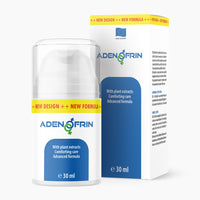 Thumbnail for Weiße Flasche mit Pumpspender und Schrift Adenofrin, 30 ml, vor passender blau weißer Faltschachtel