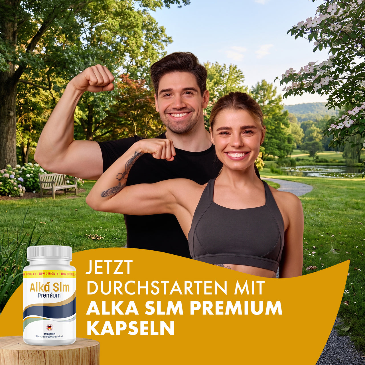 Mann und Frau posieren mit erhobenen Armen im Park, daneben Dose Alka Slm Premium und Schriftzug