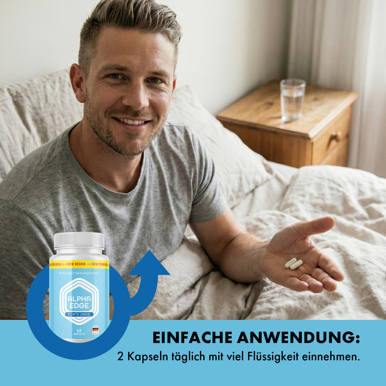 Grafik mit Mann im Bett, Alpha Edge Dose und Text Einfache Anwendung mit 2 Kapseln täglich