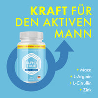 Thumbnail for Hellblaue Kunststoffdose Alpha Edge Forte Drive mit 60 Kapseln und Schrift Kraft für den aktiven Mann