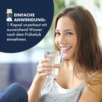 Thumbnail for Alpha Nerve Blend Premium mit Frau, Wasserglas und sichtbarem Einnahmehinweis zu einer Kapsel