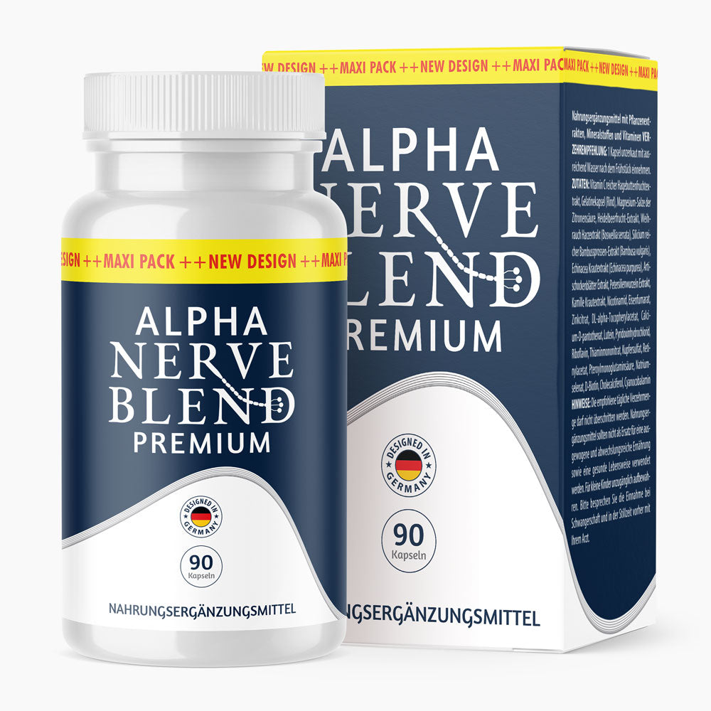 Alpha Nerve Blend Premium mit weißer Dose und Verpackung sowie sichtbarer Angabe von 90 Kapseln
