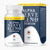 Thumbnail for Alpha Nerve Blend Premium mit weißer Dose und Verpackung sowie sichtbarer Angabe von 90 Kapseln