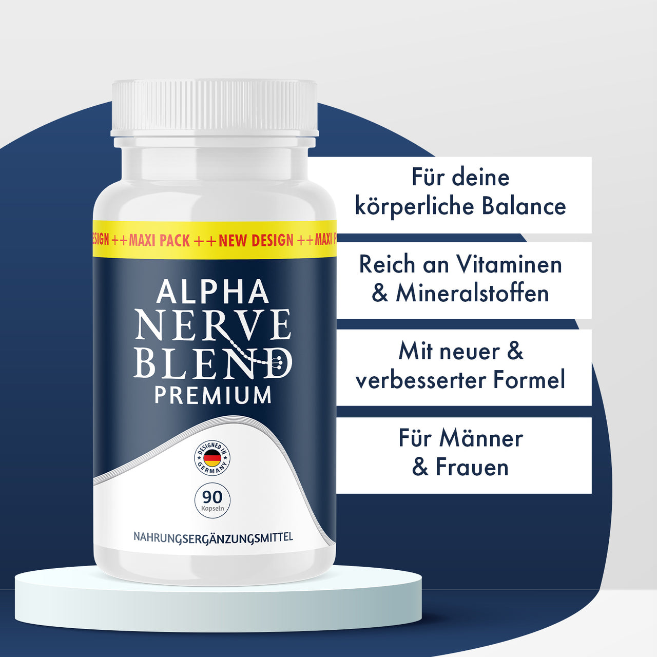 Alpha Nerve Blend Premium mit weißer Dose, 90 Kapseln und vier Infopunkten zu Produktmerkmalen