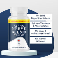 Thumbnail for Alpha Nerve Blend Premium mit weißer Dose, 90 Kapseln und vier Infopunkten zu Produktmerkmalen