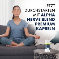 Thumbnail for Alpha Nerve Blend Premium Dose auf Tisch neben einer Frau mit geschlossenen Augen im Schneidersitz