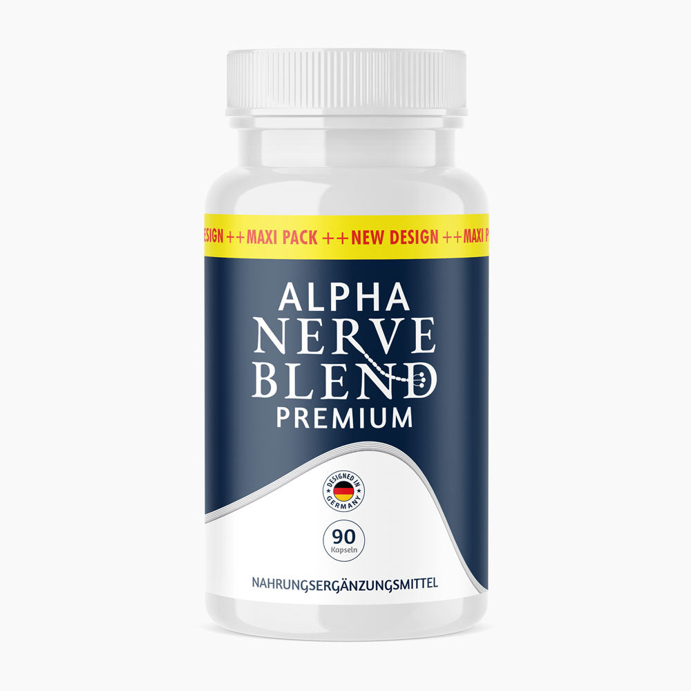 Alpha Nerve Blend Premium als weiße Dose mit blauem Etikett und sichtbarer Angabe von 90 Kapseln