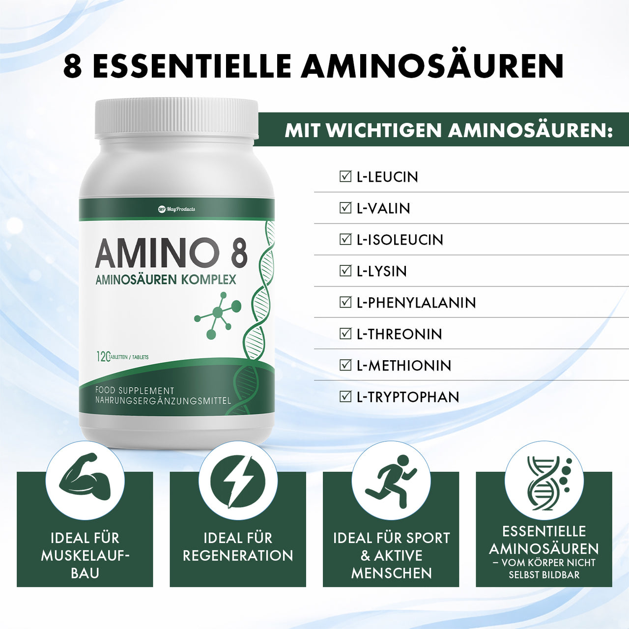 AMINO 8 Dose und Mann beim Trinken, Text Anwendung 5 Tabletten täglich mit Wasser