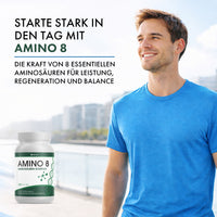Thumbnail for Mann in blauem T-Shirt neben AMINO 8 Dose mit Text zu Aminosäuren Komplex