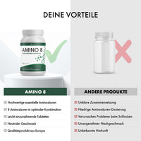 Thumbnail for AMINO 8 Dose mit Häkchenliste und Vergleich zu anderer Verpackung mit Kreuzsymbol