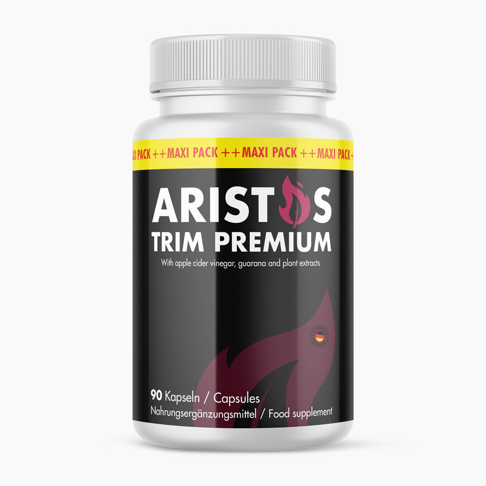 Weiße Kunststoffdose mit schwarzem Etikett ARISTOS TRIM PREMIUM 90 Kapseln und Flammengrafik