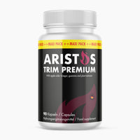 Thumbnail for Weiße Kunststoffdose mit schwarzem Etikett ARISTOS TRIM PREMIUM 90 Kapseln und Flammengrafik