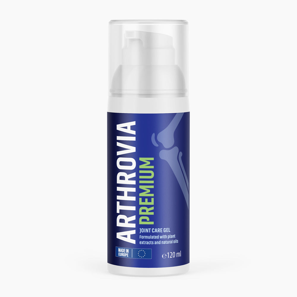 Arthrovia Premium Joint Care Gel als weiß-blauer Pumpspender mit grünem Schriftzug Premium und 120 ml