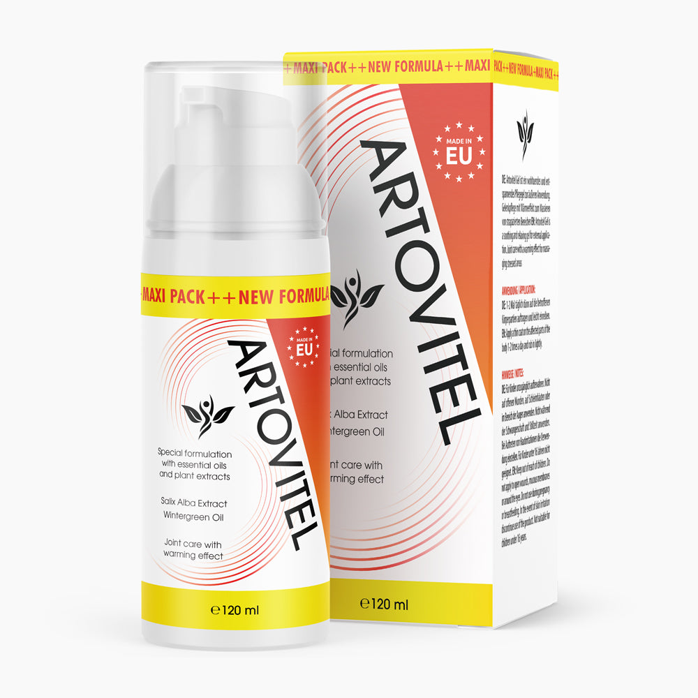 Flasche mit Pumpspender und Schrift Artovitel 120 ml vor passender Faltschachtel