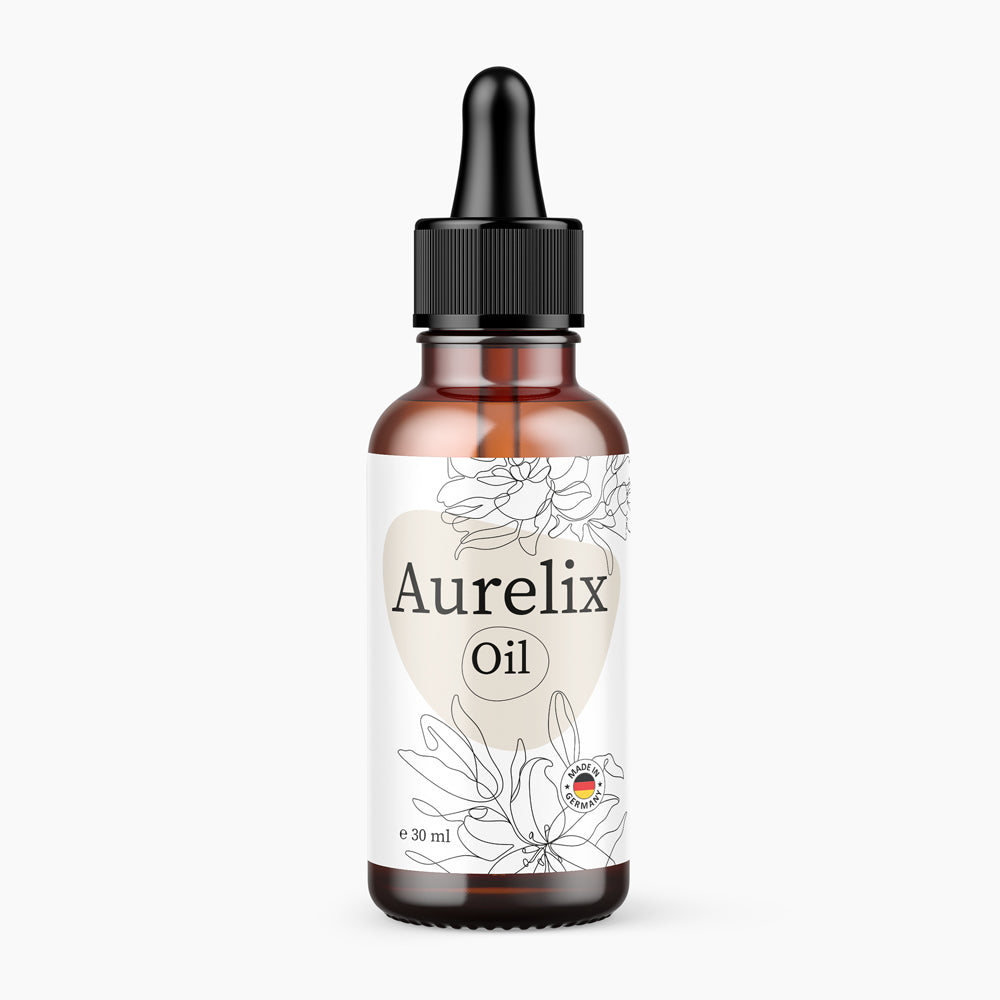 Braune Flasche mit Pipette und weißem Etikett Aurelix Oil 30 ml mit Blütenzeichnung