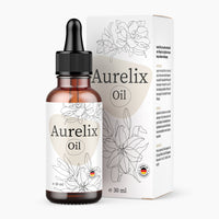 Thumbnail for Braune Flasche mit Pipette und weißem Etikett Aurelix Oil 30 ml vor passender Faltschachtel mit Blüten