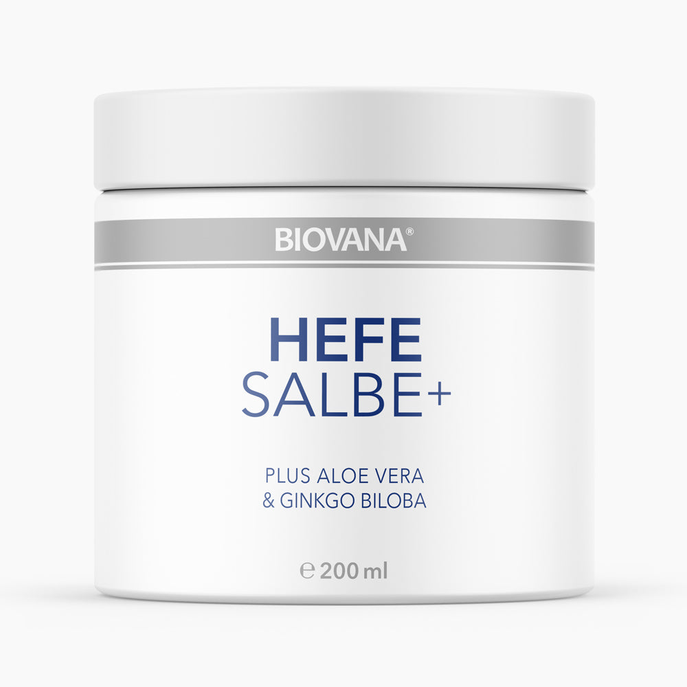 Weiße Dose BIOVANA HEFE SALBE+ mit 200 ml und Aufschrift Plus Aloe Vera und Ginkgo Biloba