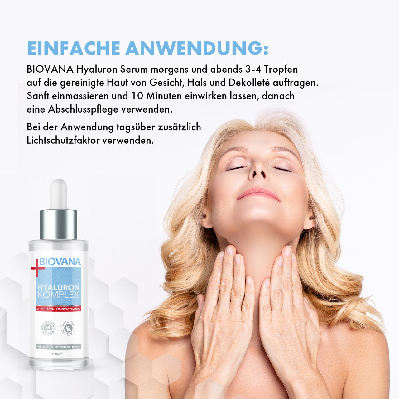 BIOVANA Hyaluron Komplex Serum neben Frau bei Anwendung an Hals und Dekolleté mit Anleitung