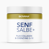 Thumbnail for Weiße Kunststoffdose mit Text Biovana SENF SALBE+ und Zusatz Collagen und Coenzyme Q-10