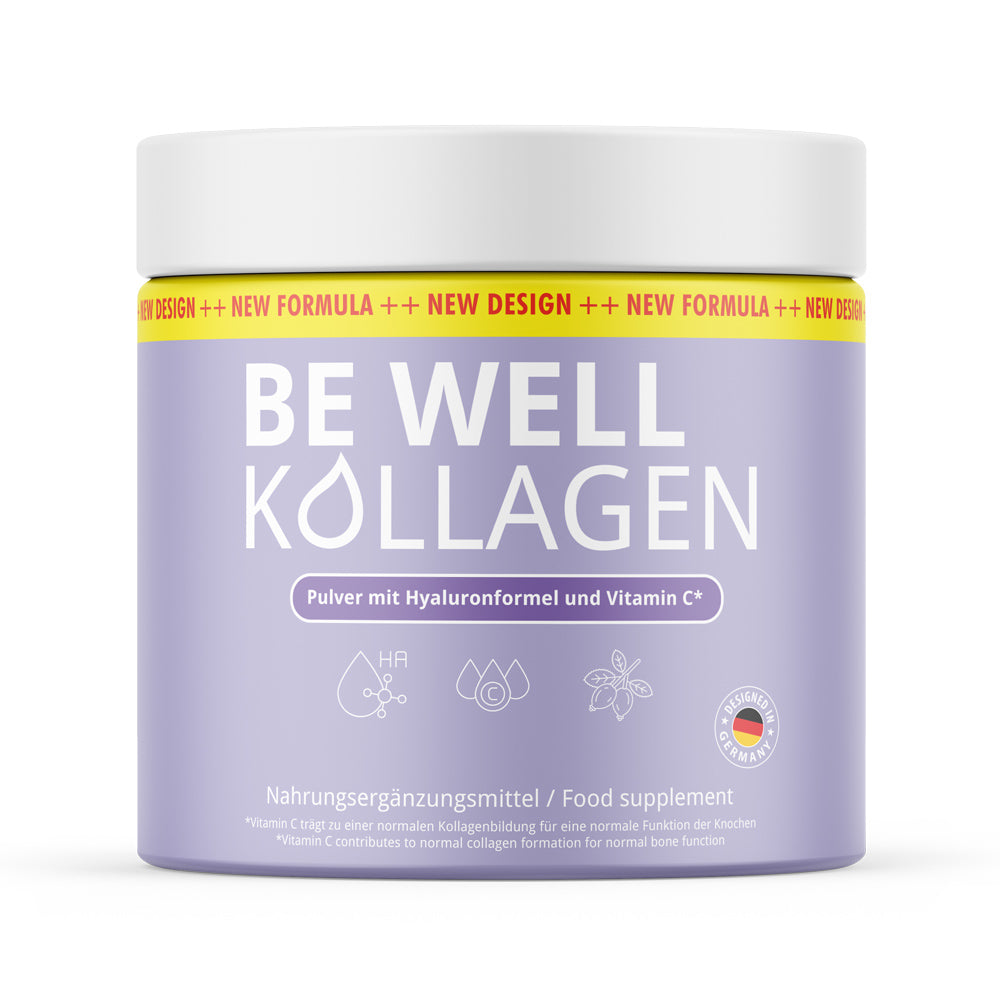 Weiße Kunststoffdose mit violettem Etikett Be Well Kollagen Pulver mit Hyaluronformel und Vitamin C