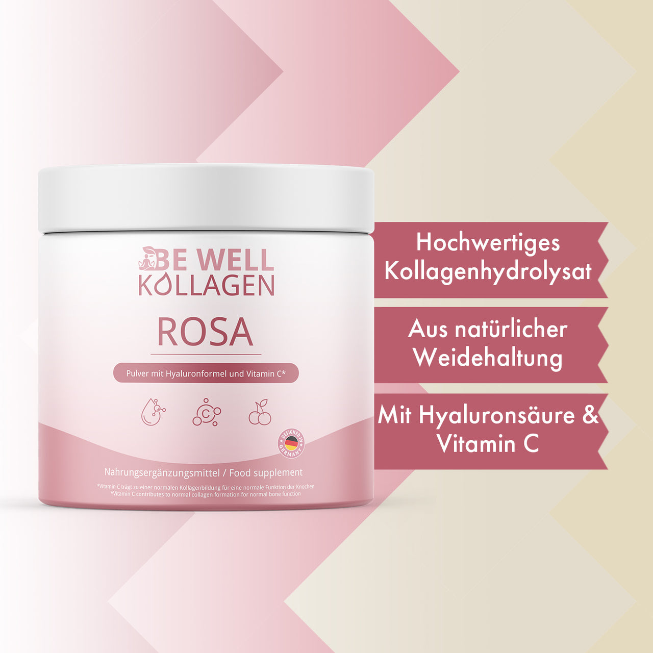 Dose Be Well Kollagen Rosa neben Hinweisen zu Kollagenhydrolysat, Hyaluronsäure und Vitamin C