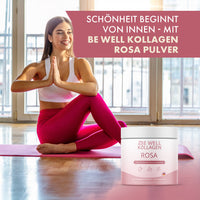 Thumbnail for Be Well Kollagen Rosa neben Frau in Yoga-Pose und Schriftzug Schönheit beginnt von innen