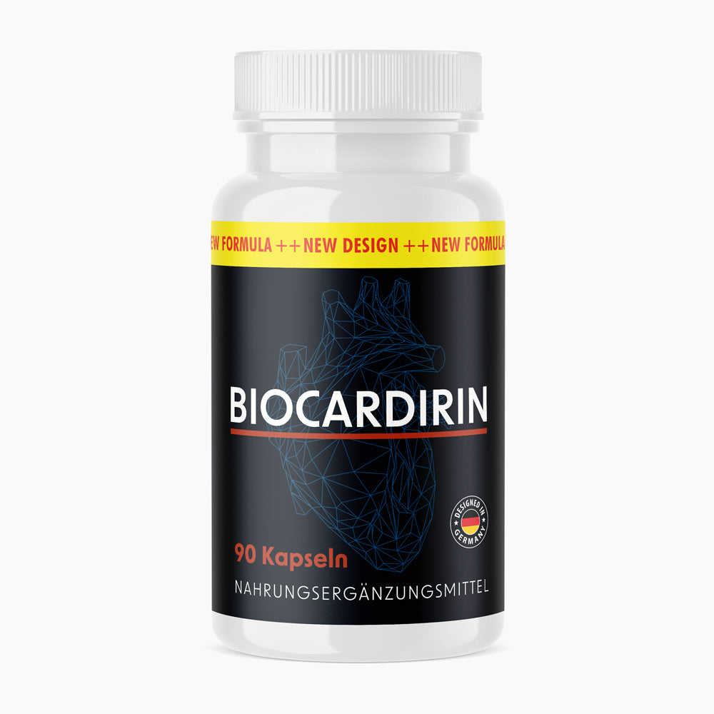 Kunststoffdose mit Schrift Biocardirin, 90 Kapseln, schwarzes Etikett mit blauer Herzgrafik