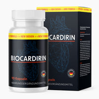 Thumbnail for Dose mit schwarzem Etikett Biocardirin, 90 Kapseln vor passender Faltschachtel 