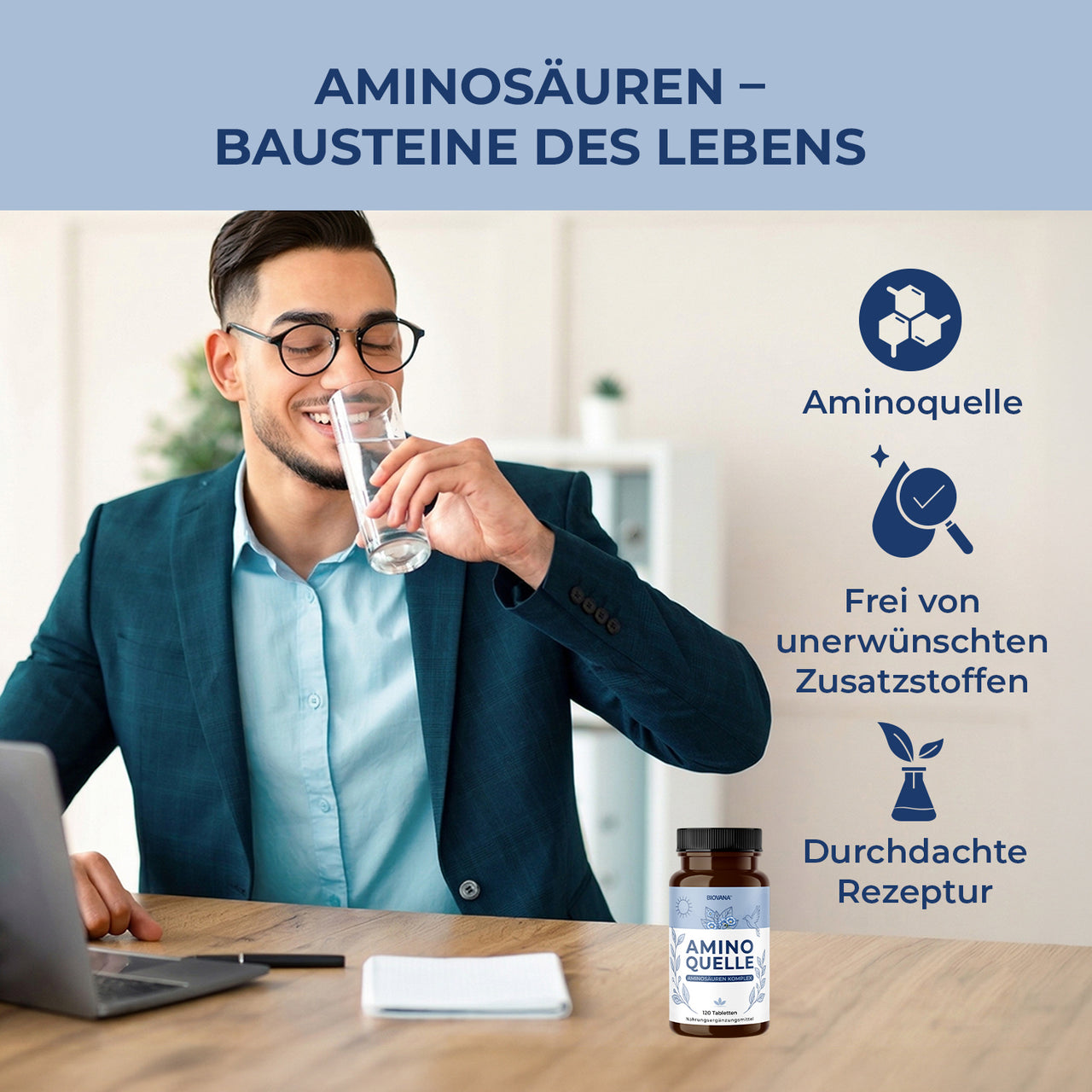 Mann am Schreibtisch trinkt Wasser, daneben BIOVANA Aminoquelle und Hinweise zu Produktmerkmalen