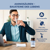 Thumbnail for Mann am Schreibtisch trinkt Wasser, daneben BIOVANA Aminoquelle und Hinweise zu Produktmerkmalen